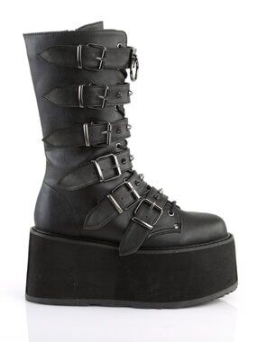 Black Vegan Leather Mid-Calf Boots with 6 Cone-Studded Buckle Straps